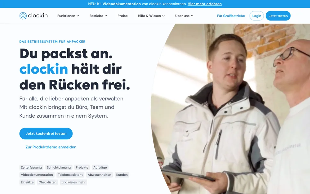 Screenshot der Startseite von clockin.de, aufgenommen im August 2026