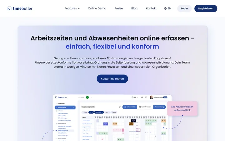 Screenshot der Startseite von timebutler.de, aufgenommen im August 2026