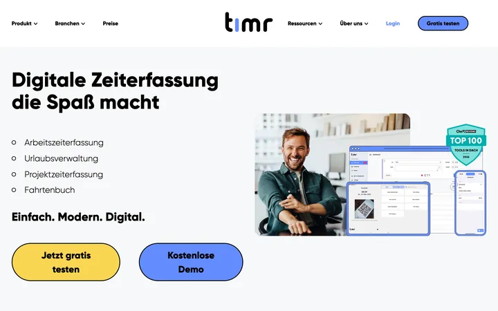 Screenshot der Startseite von timr.com, aufgenommen im August 2026